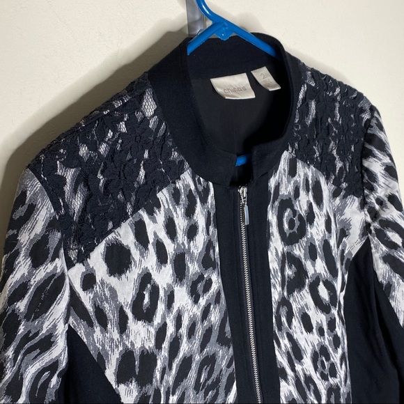 Chico's Animal Print Full Zip Jacket Lace Shoulder - Picture 3 of 7